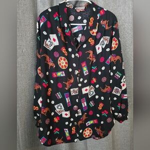 Vtg 80s Xtrovert All Over Casino Gambling Print Collared Blouse Long Slv Size 14